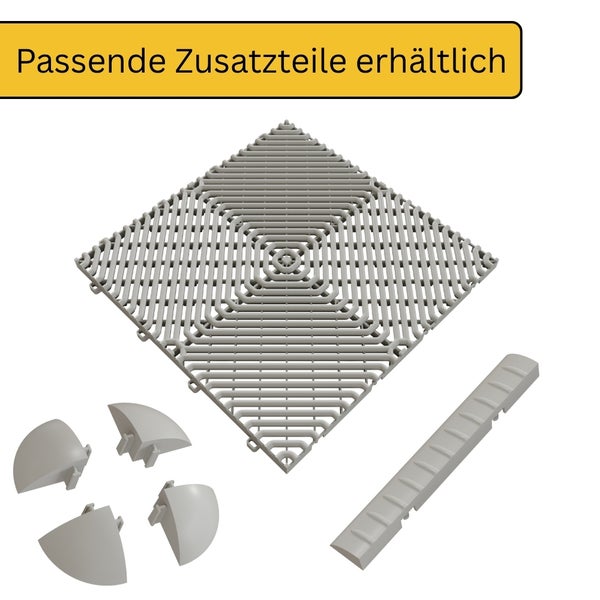 Quadratische Gitterfliese mit passenden Zusatzteilen wie Eckstücken und Randprofil. Passende Zusatzteile erhältlich.