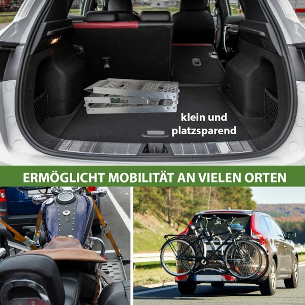 Dreiteiliges Bild: Rampe im Kofferraum, Motorradtransport und Fahrradträger am Auto