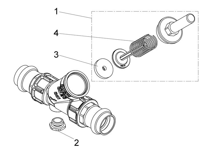 Explosionszeichnung einer Armatur mit Nennweite 20 Kennzeichnung und nummerierten Einzelteilen wie Feder und Dichtungen.