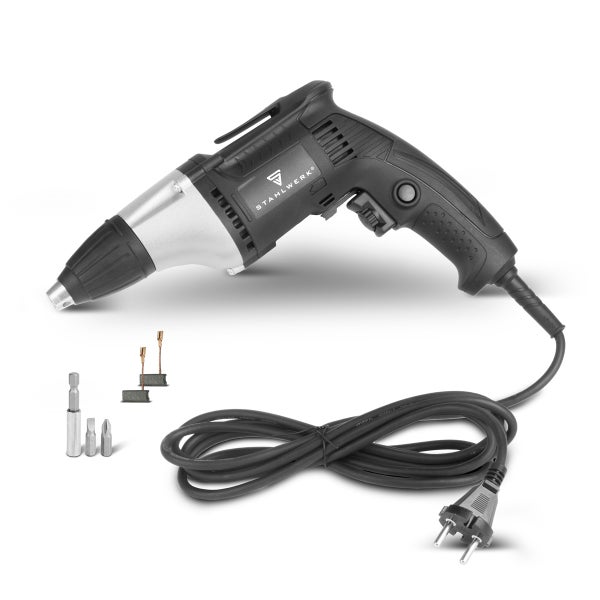 Stahlwerk Logo Trockenbauschrauber mit Bitaufsätzen, Kohlebürsten und Netzkabel