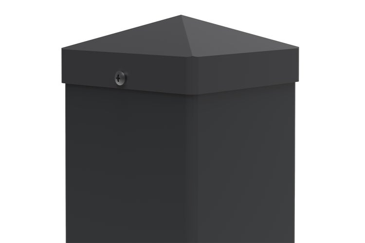 Pfostenkappe in Pyramidenform für quadratische Pfosten aus Metall mit Befestigungsschraube.