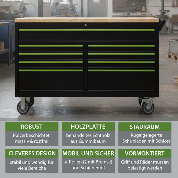 Werkbank mit Holzplatte und Schubladen auf Rollen