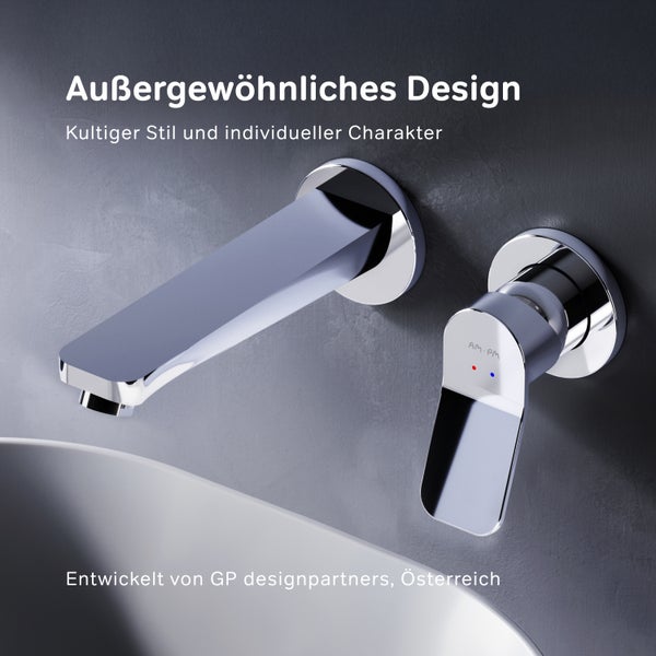 Moderne Unterputz Waschtischarmatur in Chromoptik mit Einhebelmischer und flachem Auslauf montiert an einer Wand über einem Waschbecken.