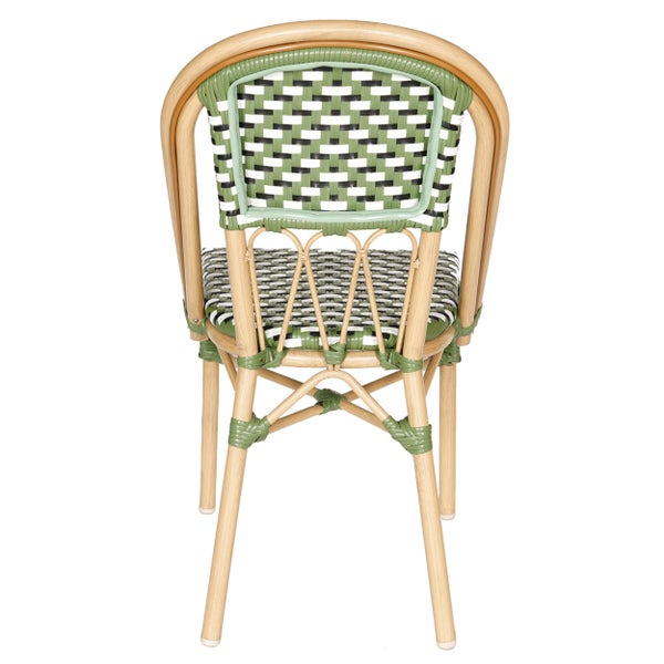 Bistro-Stuhl in Rattan-Optik mit geflochtener Rückenlehne und Sitzfläche in Grün, Weiß und Schwarz, Rückansicht.