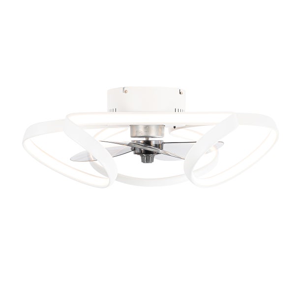 Moderner weißer Deckenventilator mit integrierter LED-Beleuchtung und geschwungenem Design.