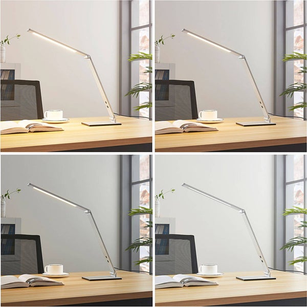 Moderne Schreibtischleuchte mit verstellbarem Arm auf einem Holzschreibtisch in einem hellen Büro. Vier Ansichten zeigen verschiedene Farbtemperaturen.