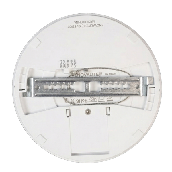 Rückansicht eines runden LED Panels mit Montagebügel aus Metall, Sicherungskabel und Angaben zu den Farbtemperaturstufen.