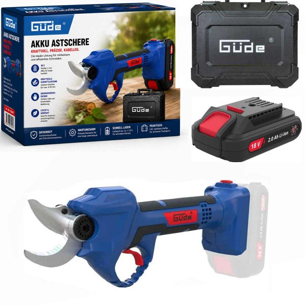 Güde Akku-Astschere, 18 Volt Lithium-Ionen-Akku mit 2,0 Amperestunden, schwarzer Transportkoffer mit Güde Logo und Produktverpackung.