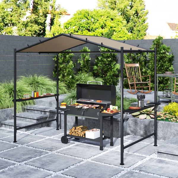Outsunny Grillpavillon 277 x 149 x 230 cm wasserdicht flammhemmend Gartenpavillon mit Seitenregalen, Gartenlauben mit UV-Schutz, BBQ Pavillon aus Stahl, Gartenzelt Grillzelt für Party BBQ, Khaki
