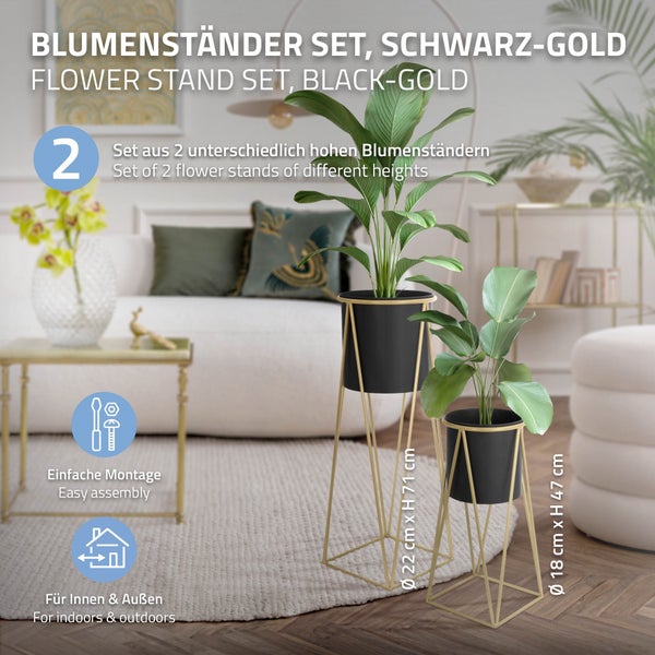 ML-Design Blumenständer 6er Set, Schwarz-Gold, 21,8x22x47cm/25x25x71cm, Stahl, Blumentopfständer mit Übertopf, Metall Pflanzenständer, Blumentopfhalter 6-tlg, Pflanztopf Deko Blumensäule Blumenhocker