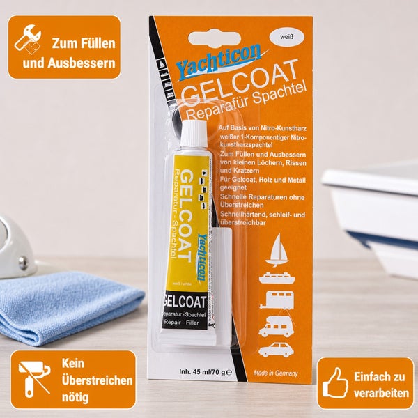 Yachticon Gelcoat Reparaturspachtel in der Tube zum Ausbessern von Kratzern und Rissen in Gelcoat, Holz und Metall.