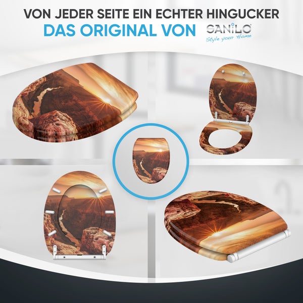 Sanilo WC-Sitz mit Grand Canyon Sonnenuntergang Motiv in verschiedenen Ansichten und Sanilo Logo.