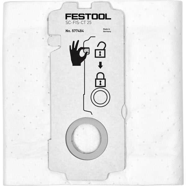 Festool Logo auf einem Selfclean Filtersack SC-FIS-CT 25 aus Vlies mit Kartonflansch und Installationssymbolen.