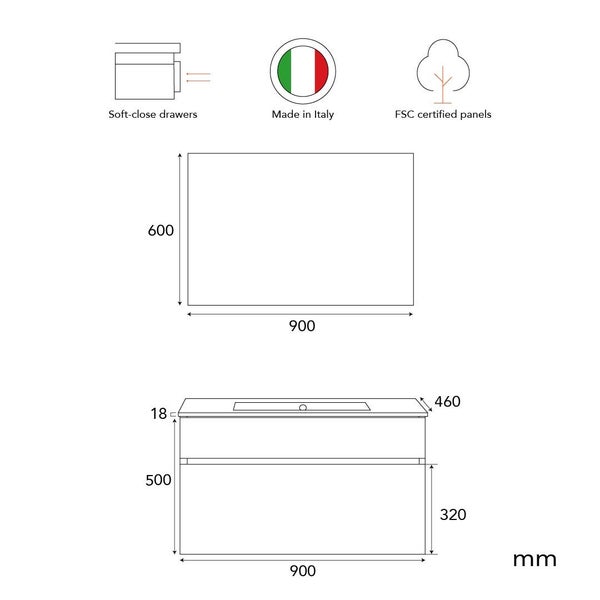 Maßzeichnung eines Waschtischunterschranks mit Soft Close Schubladen und FSC zertifizierten Platten, hergestellt in Italien.