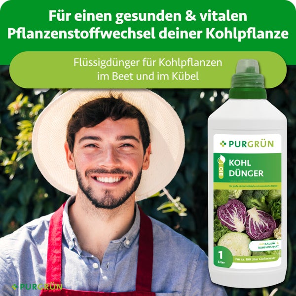 Purgrün Bio-Flüssigdünger für Kohlpflanzen, ein lächelnder Gärtner mit Sonnenhut neben einer 1-Liter-Flasche für Beet und Kübel.