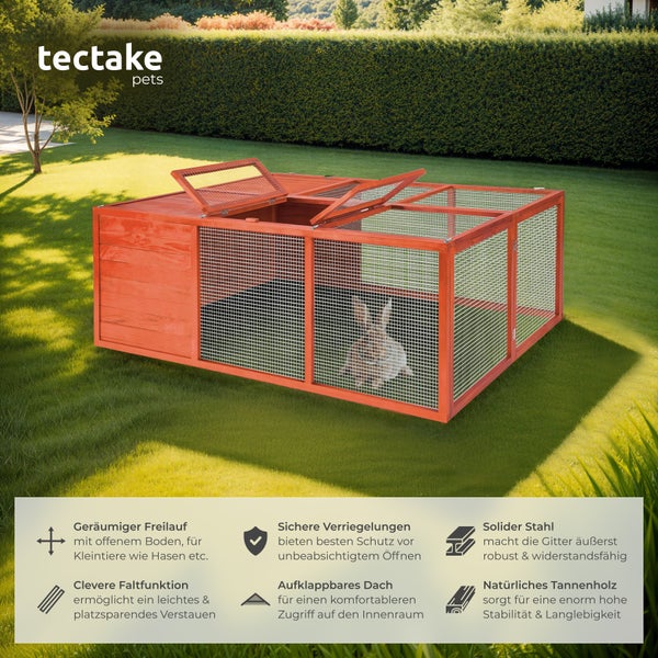 Kleintiergehege aus Tannenholz und Stahlgitter auf Rasen mit Hase. Klappdach, faltbar, offener Boden. tectake pets Logo.