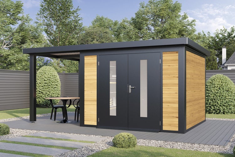 Modernes Gartenhaus mit Flachdach und integriertem Terrassenbereich, kombiniert Metall und Holzelemente für ein stilvolles Design im Garten.