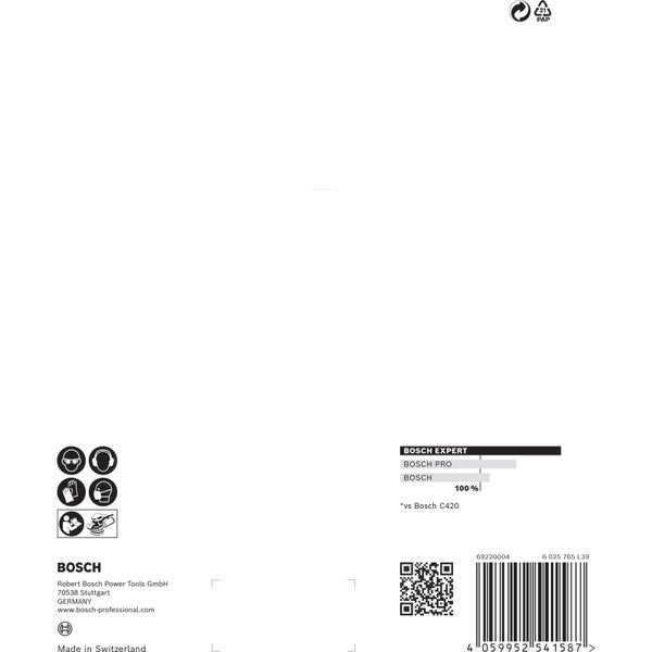 Bosch Logo mit zugehörigen Sicherheitshinweisen, Produktdetails und Recycling Symbol