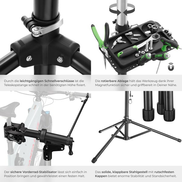 Detailansichten eines Montageständers für Fahrräder mit Schnellverschlüssen, Werkzeugablage, Vorderradstabilisator und klappbarem Stahlgestell