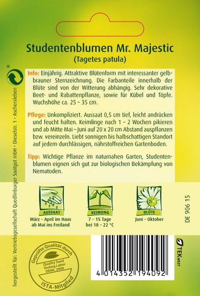 Rückseite der Samentüte Studentenblumen Mr. Majestic mit Informationen zu Aussaat, Pflege, Wuchshöhe circa 25 bis 35 Zentimeter und Blütezeit.