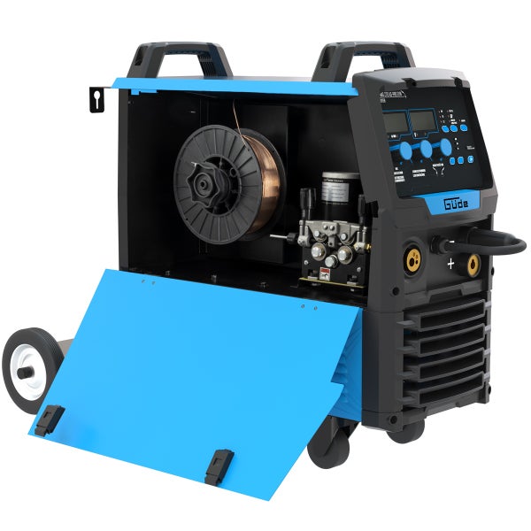Schweißgerät mit Drahtvorschub und Bedienfeld sowie Güde Logo