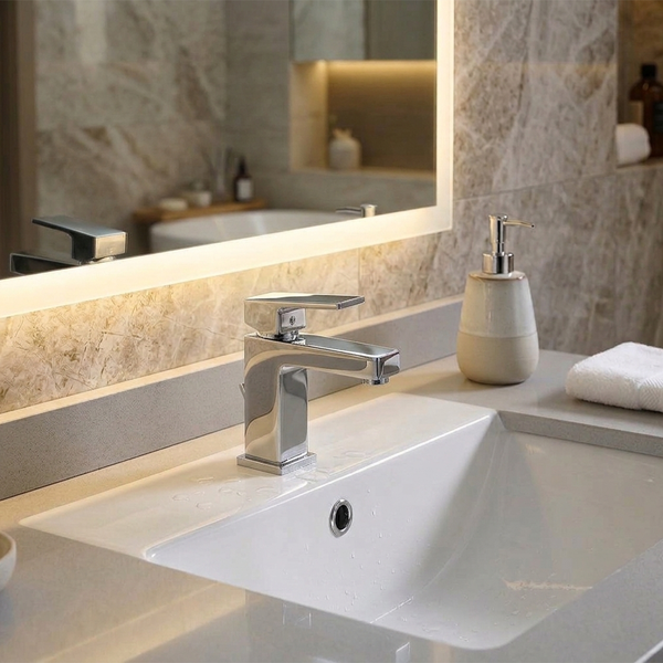 Moderne Waschtischarmatur aus Chrom auf weißem Waschbecken in hellem Badezimmer mit beleuchtetem Spiegel und Marmorfliesen.