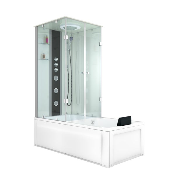 Rechteckige Badewanne mit integrierter Glas-Duschkabine, Regendusche, Handbrause und Massagedüsen.