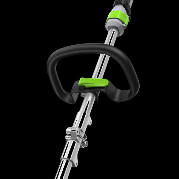 Verstellbarer Rundgriff an einem silbernen Metallschaft eines Gartenwerkzeugs mit grünem Schnellverschluss.