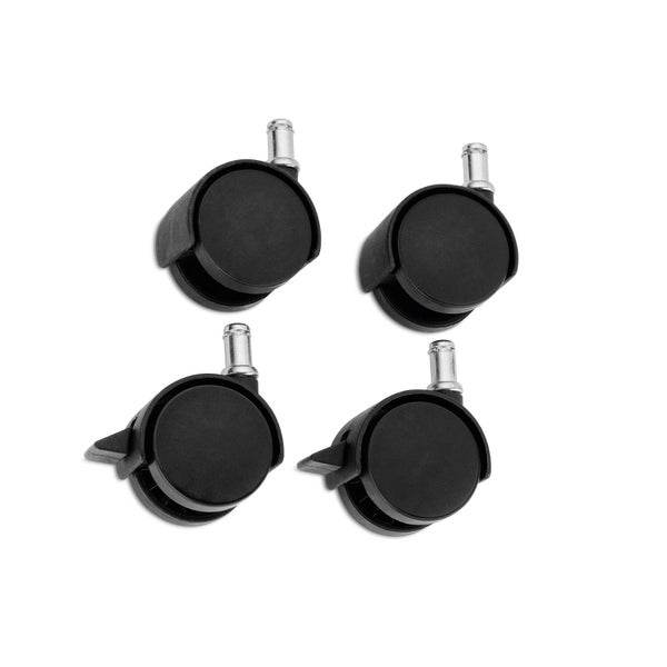 Vier schwarze Doppel-Möbelrollen aus Kunststoff mit Metallstift, zwei Rollen mit Feststeller und zwei ohne Feststeller.