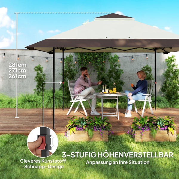 Outsunny Pavillon 4x4m Wasserdicht Höhenverstellbar Pop-up Faltpavillon mit Netzwänden UV 50+ Faltbar Partyzelt Gartenzelt mit Tragetasche Sandsäcke Gartenpavillon für Camping Garten Festival, Beige
