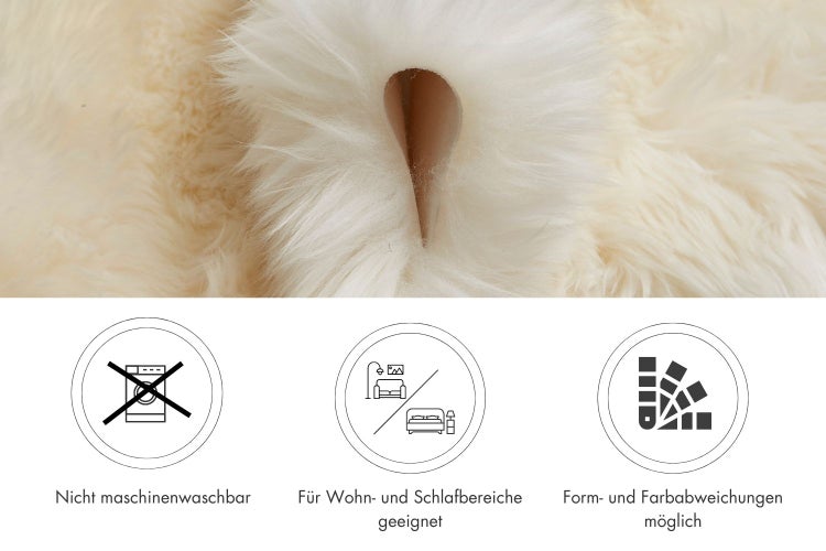 Kunstfell Teppich mit weicher Struktur. Symbole weisen auf Handwäsche, Eignung für Wohn- und Schlafbereich sowie mögliche Abweichungen hin.