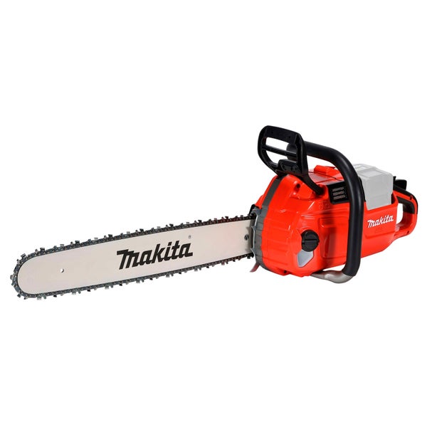 Rote Makita Kettensäge mit Führungsschiene und schwarzem Handgriff.