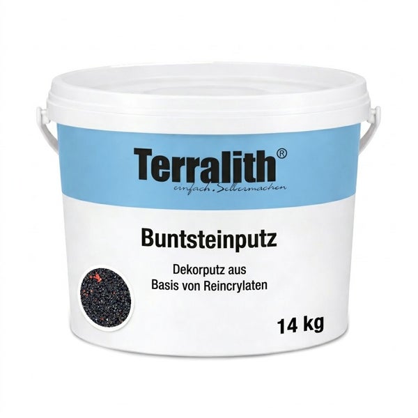 Terralith Buntsteinputz auf Basis von Reinacrylat im 14 Kilogramm Eimer mit einer Detailansicht der schwarzen Putzstruktur.