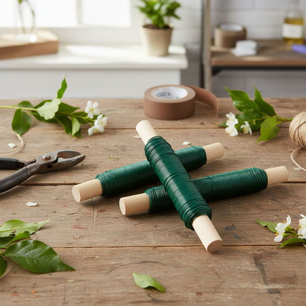 Grüner Bindedraht auf Holzstäben für Floristik und Bastelarbeiten auf einem Werktisch aus Holz mit Schere, Blumen und Klebeband.