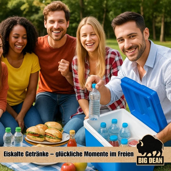 Gruppe von Personen beim Picknick mit Kühlbox und Getränken