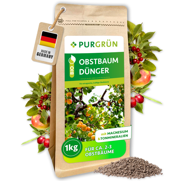 Purgrün Bio Obstbaum Dünger, 1 Kilogramm, mit Magnesium und Tonmineralien, für circa zwei bis drei Obstbäume, hergestellt in Deutschland.