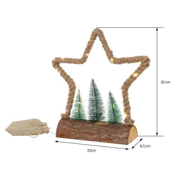 ECD Germany LED Jute Stern mit LED-Beleuchtung 33x9,5x30 cm, Deko Weihnachtsstern aus Seil mit 30 warmweißen LEDs, 3 Tannen, Jutesäckchen, Batterien, Timer, Weihnachtsbeleuchtung Weihnachtsdeko Innen