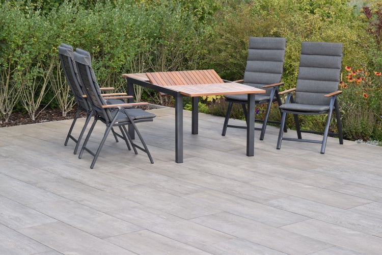 Tinos Gartenmöbelset 9tlg., 4 Klappsessel, Rückenlehne 5-fach verstellbar, 4 Kissen, Ausziehtisch 150 (200) x 90 cm