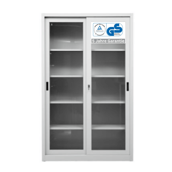 PROREGAL Schiebetürenschrank Mammut 5 Ordnerhöhen Glastüren HxBxT 195 x 120 x 45 cm Grau