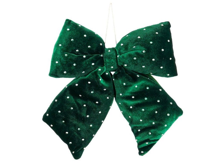Dekorative Schleife aus Samt mit Glitzerapplikationen zum Aufhängen als Weihnachtsschmuck