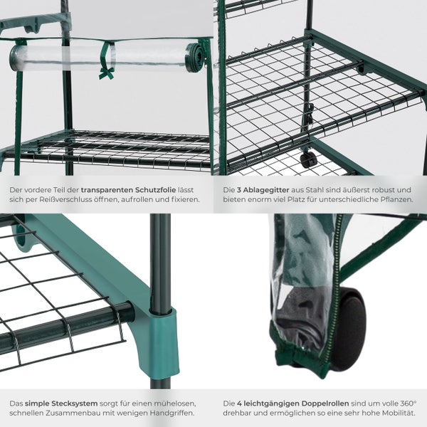 Details eines rollbaren Gewächshauses mit Schutzfolie, Stahlgittern und Stecksystem