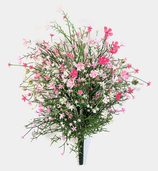 Künstlicher Blumenbusch mit kleinen rosa und weißen Blüten und grünen Stielen.