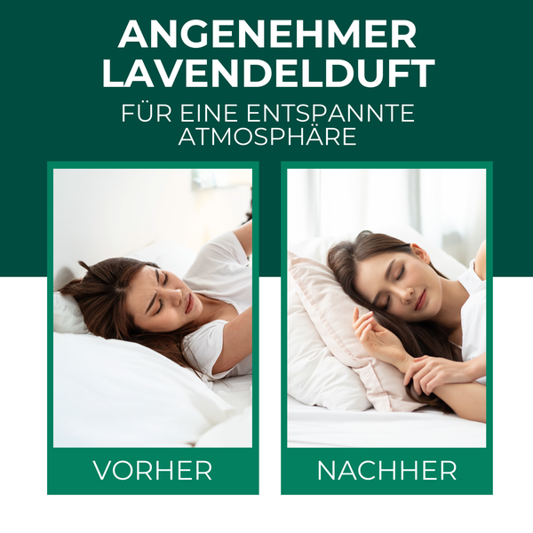 Vorher und Nachher Vergleich einer Frau im Bett, illustriert entspannende Wirkung von Lavendelduft für eine erholsame Schlafumgebung.