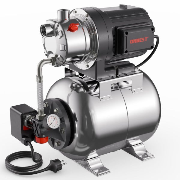 Hauswasserwerk aus Edelstahl mit Druckkessel, Manometer und Pumpe der Marke ONBEST zur Wasserversorgung.