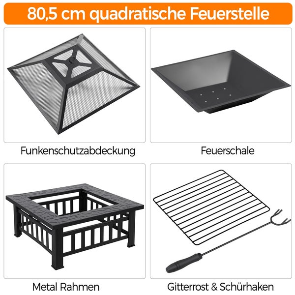 Feuertisch mit Schutzgitter und Schürhaken