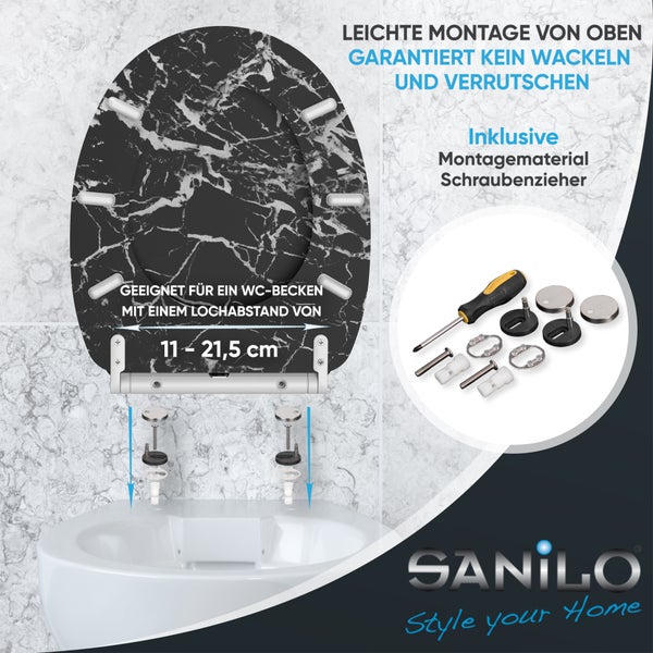 Sanilo WC Sitz mit Marmor Optik und Befestigungsmaterial zur leichten Montage von oben für Lochabstände von 11 bis 21,5 Zentimeter.
