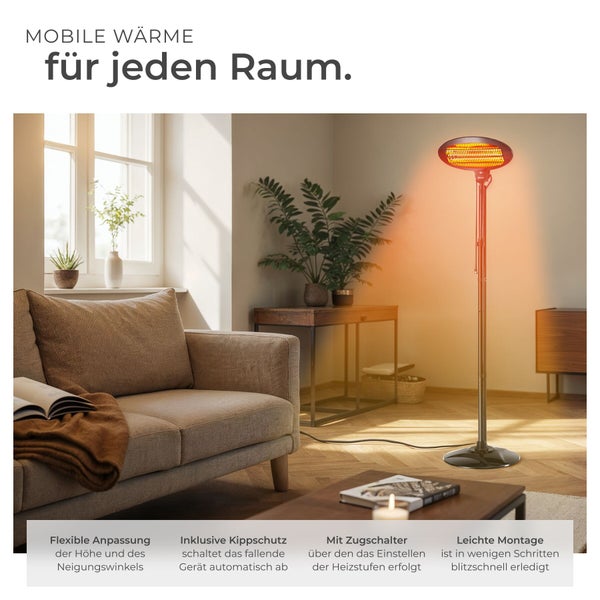 Mobiler Infrarot Standheizstrahler in modernem Wohnzimmer für flexible Wärme mit Kippschutz, einstellbarem Neigungswinkel und praktischem Zugschalter.