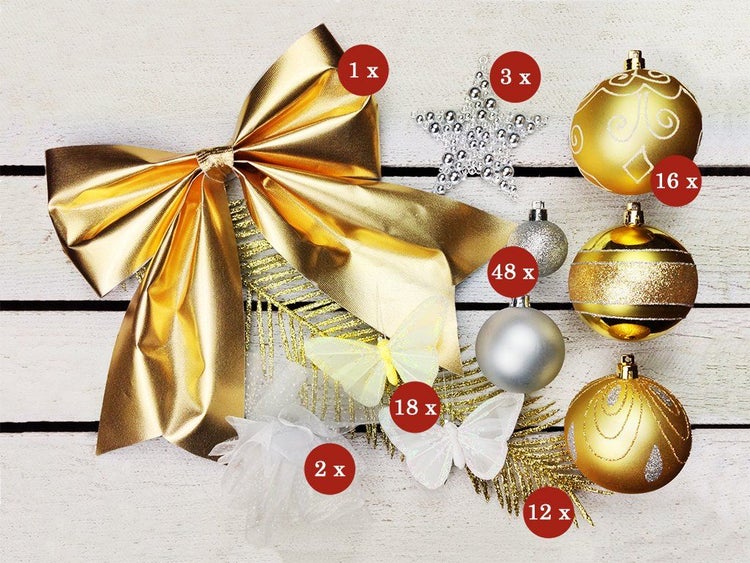 Weihnachtsbaumschmuck Set mit Schleife, Sternen, Weihnachtskugeln und Deko Schmetterlingen für die festliche Weihnachtsdekoration.