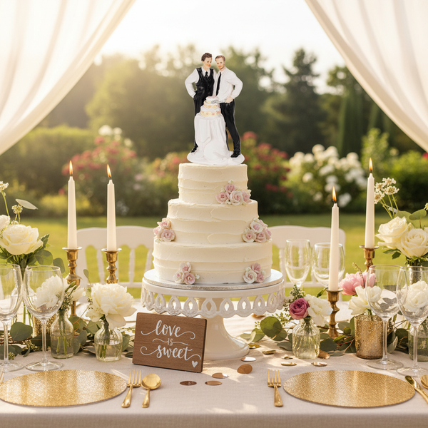 Vierstöckige weiße Hochzeitstorte mit rosa Rosen und männlicher Tortenfigur auf festlich gedecktem Tisch in einem hellen Garten.