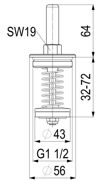 Technische Zeichnung eines Ablaufventils mit Maßen: G1 1/2 Zoll Gewinde, 64 Millimeter Stiftlänge, Einstellbereich 32 bis 72 Millimeter.